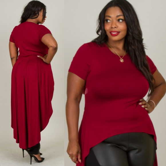 Tops - burgundy ROUND NECK SHORT SLEVE HIGH LOW SOLID TOP